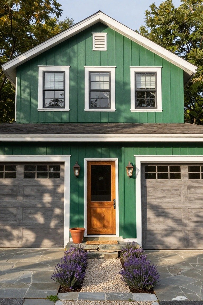 Green shingled two-story house with white trim, double-hung windows, wooden front door with lanterns, attached garage, stone entry path, and lavender plants in front yard.