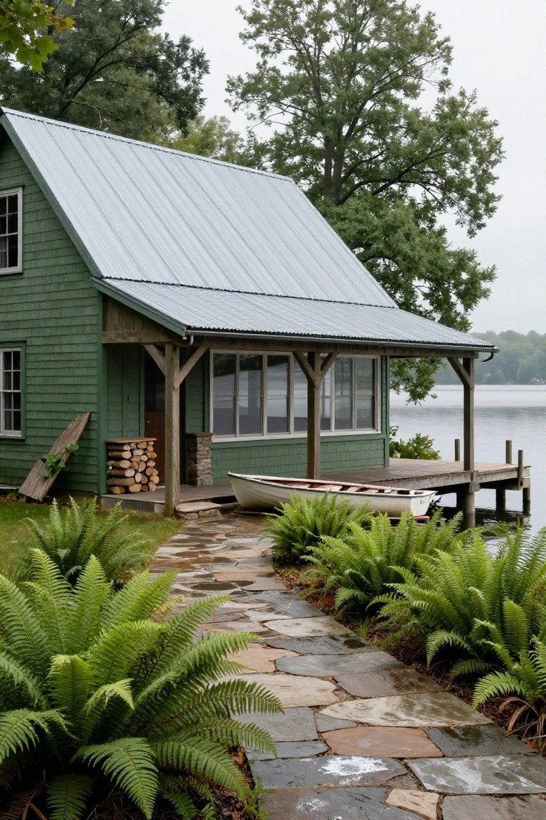 Green shingled cottage with gray metal roof, wooden porch overlooking lake, small white rowboat on dock, stone path lined with ferns, trees in background under overcast sky.
