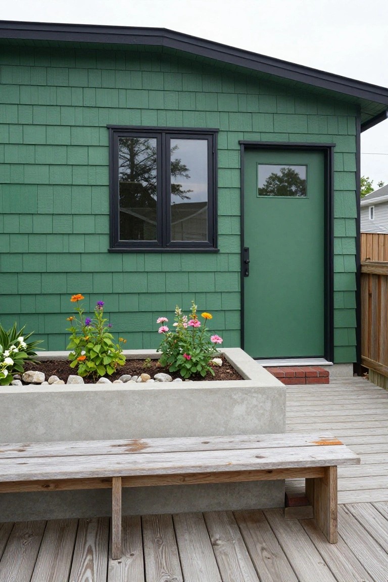 Small house with kelly green shingle siding, black-framed window and door, concrete planter box with colorful flowers and plants, wooden bench, and deck beside a fence.