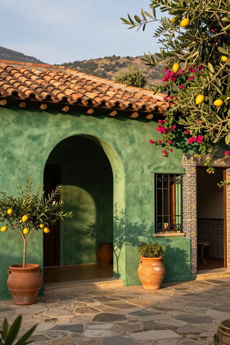 Kelly green stucco house exterior with red terracotta tile roof, arched entryway, potted lemon trees in terracotta pots, olive branches, pink bougainvillea, and tiled side door on a stone patio with distant mountains.