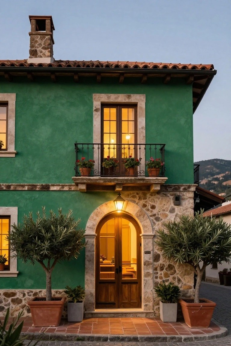 Green stucco two-story house exterior with stone archway entry, wooden double doors, flanking potted olive trees, balcony with potted flowers, lit windows at dusk, and hillside background.