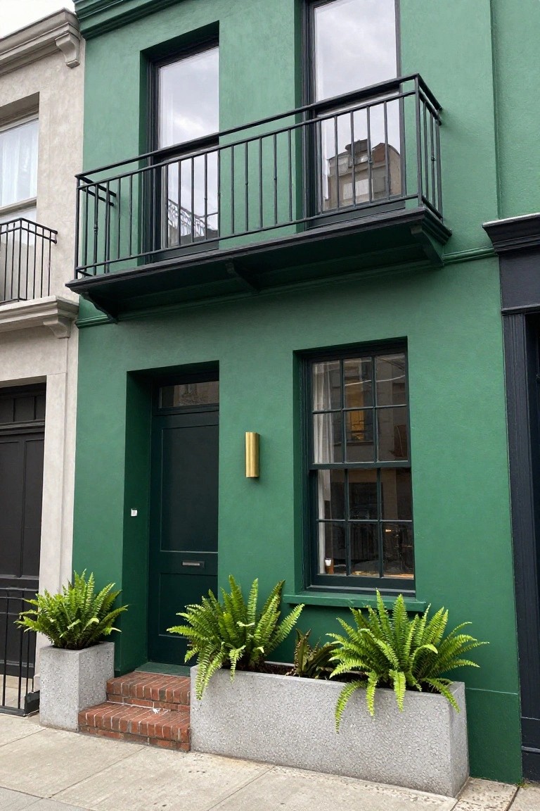 Narrow two-story townhouse painted Kelly green with black door, window frames, wrought-iron balcony, brick entry steps, and potted ferns in concrete planters on a city sidewalk.