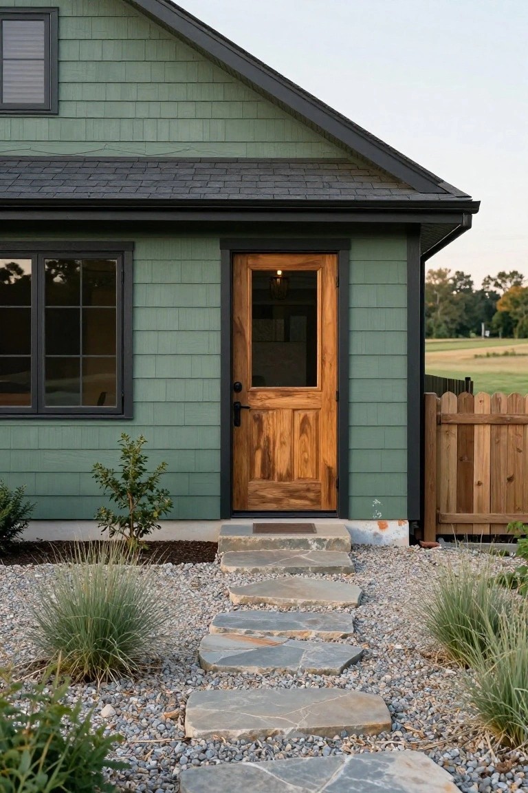 Kelly green shingled house exterior with black trim, wooden entry door featuring glass panel and knob, adjacent black-framed window, stone pathway through gravel bed with ornamental grasses and fence in background.