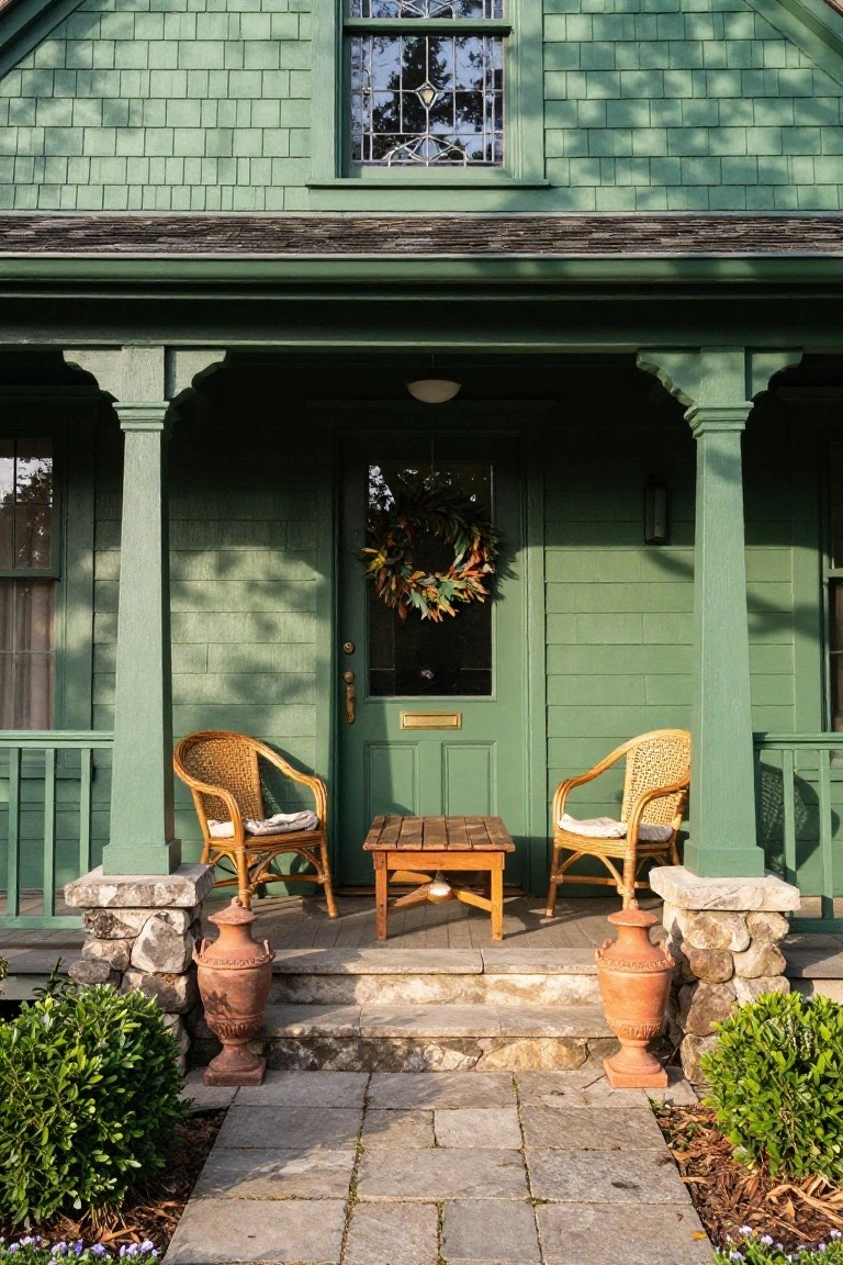 Kelly green shingle-style house exterior with covered front porch, two wicker armchairs and wooden side table, autumn leaf wreath on green door, flanked by tall green columns, stone urns on steps, boxwood shrubs, and slate walkway.
