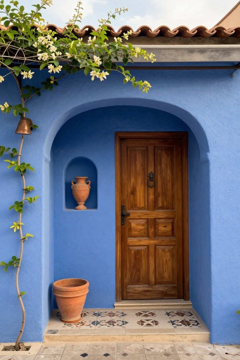 Blue stucco exterior wall featuring an arched wooden door entry, a niche with terracotta amphora, climbing vines, a hanging bell, potted plant, and colorful tiled steps.