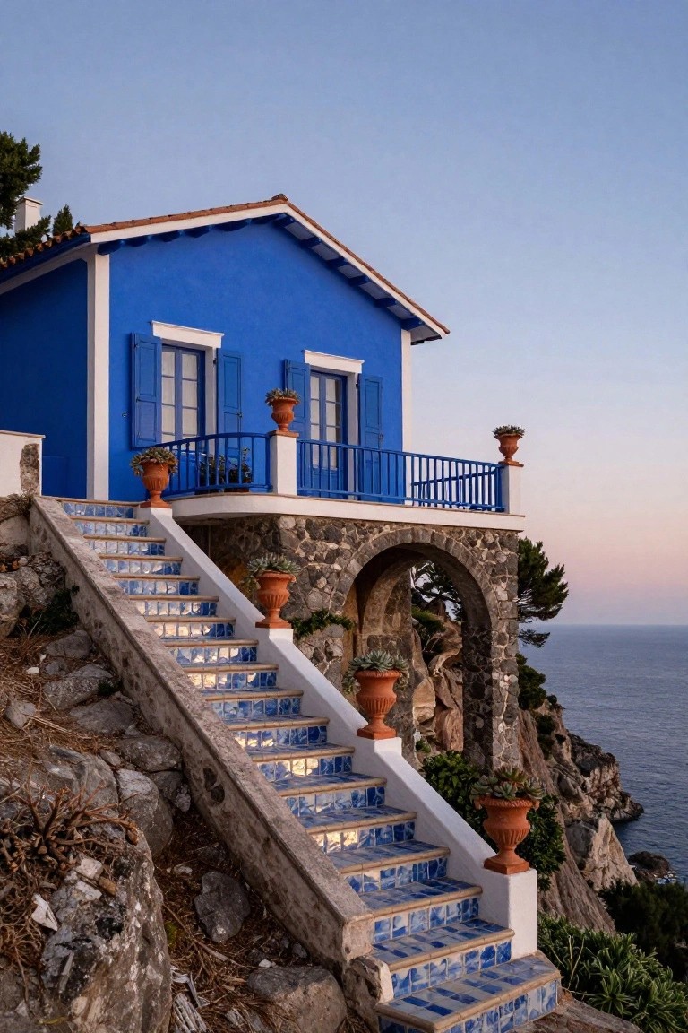 A compact bright blue house with white trim, blue shutters, and a balcony perched on a rocky cliffside above the sea, reached by wide blue tiled stairs lined with terracotta pots containing plants.