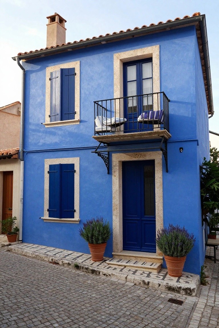 Two-story blue stucco house with terracotta tile roof, stone-framed windows and double door entry, blue shutters, wrought-iron balcony, potted lavender plants flanking the door, on a cobblestone street.