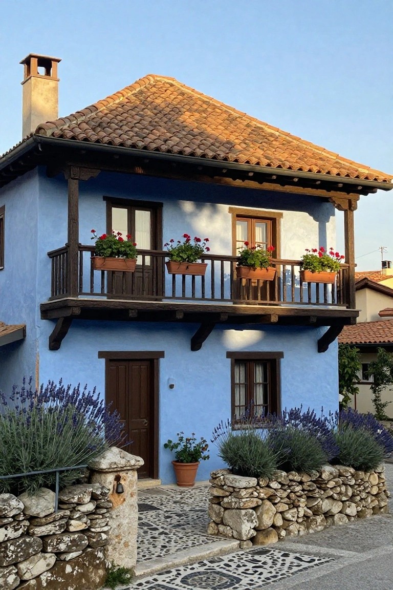 A two-story blue stucco house with terracotta tile roof, dark wooden overhanging balcony with red geranium planters, lavender bushes beside the front door, stone entry wall, and pebble mosaic path.