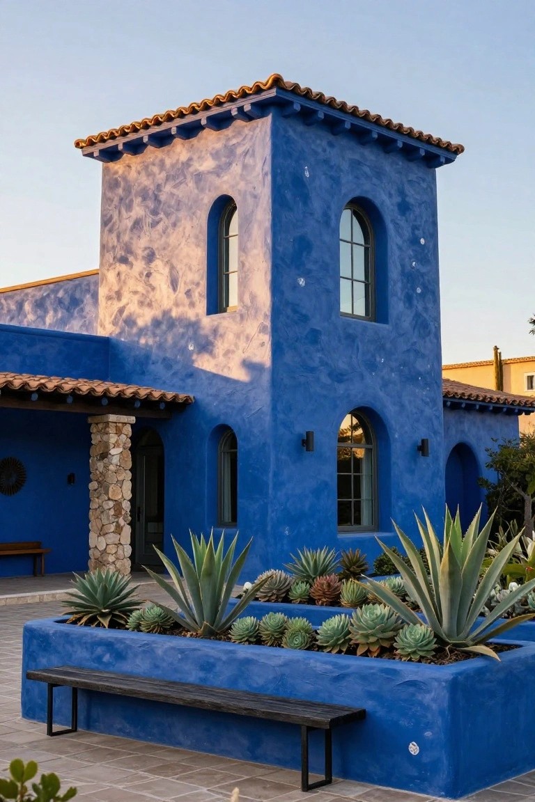 Blue stucco house exterior with terracotta tile roof, tall tower featuring arched windows, stone pillar at entry, agave plants in matching blue planters, and wooden bench on tiled patio.