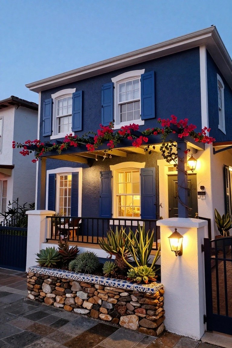 Two-story navy blue stucco house with white trim, blue shutters, porch covered in red bougainvillea vines, succulent garden bed in front, lantern lights, and black front gate at dusk.
