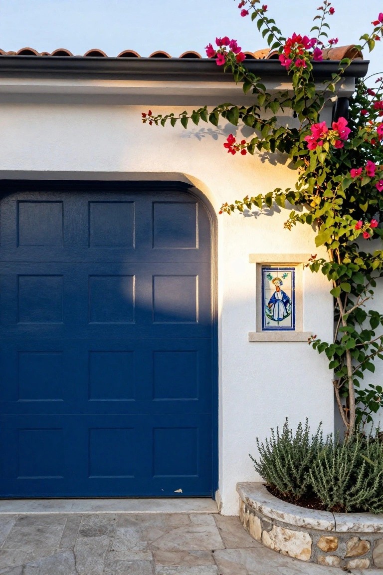 White stucco garage with arched navy blue paneled door, pink bougainvillea vines climbing the wall, embedded blue and white tile portrait of a robed figure, lavender shrub in stone planter, terracotta tile roof, and stone pavers.