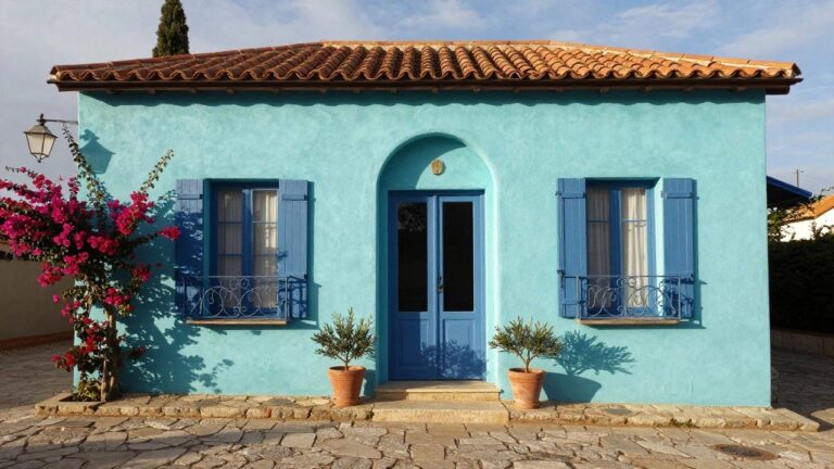 A two-story blue stucco house exterior with terracotta tile roof, blue shutters on windows and doors, wrought-iron balcony, purple bougainvillea vine on the left, potted olive trees flanking the blue front door, stone steps, and pebble stone courtyard.