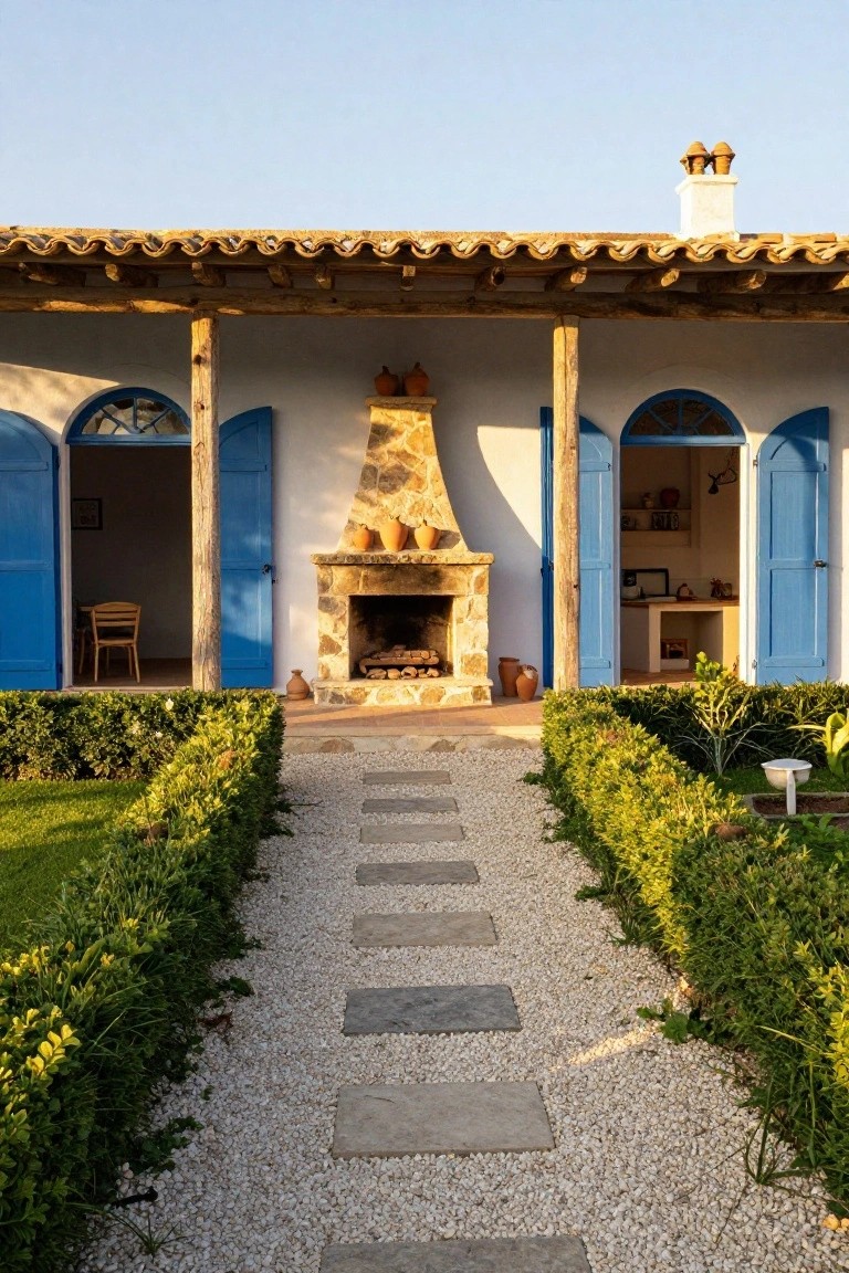 White stucco Mediterranean house exterior with terracotta tile roof, wooden beams, central stone outdoor fireplace flanked by two open blue arched doorways, gravel pathway with boxwood hedges leading to the porch.