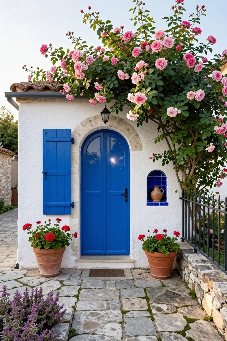 White stucco house with turquoise blue arched door and shutters, pink climbing roses cascading over the entry, potted red geraniums, and a stone pathway.