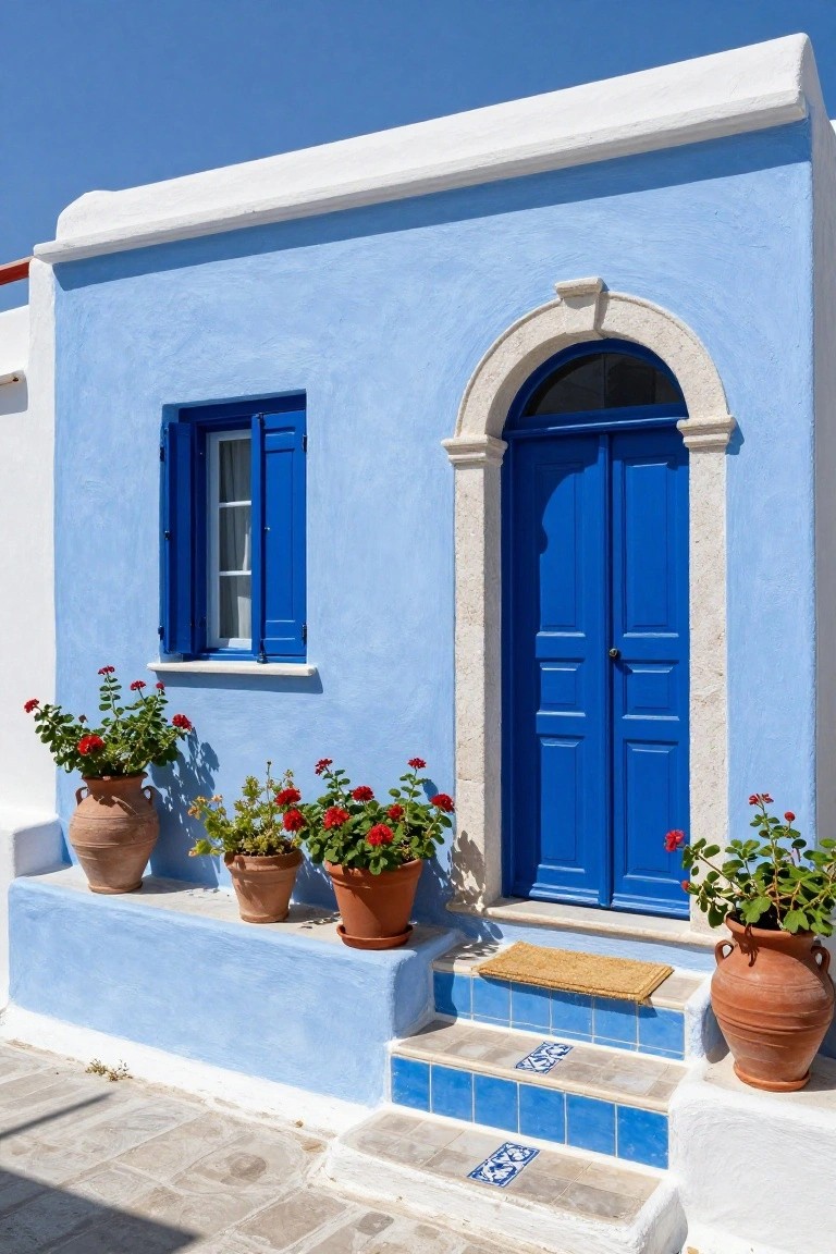 Blue stucco house exterior featuring a stone-arched double blue door entry with blue shutters on a side window, red geraniums in terracotta pots, and blue-tiled steps.