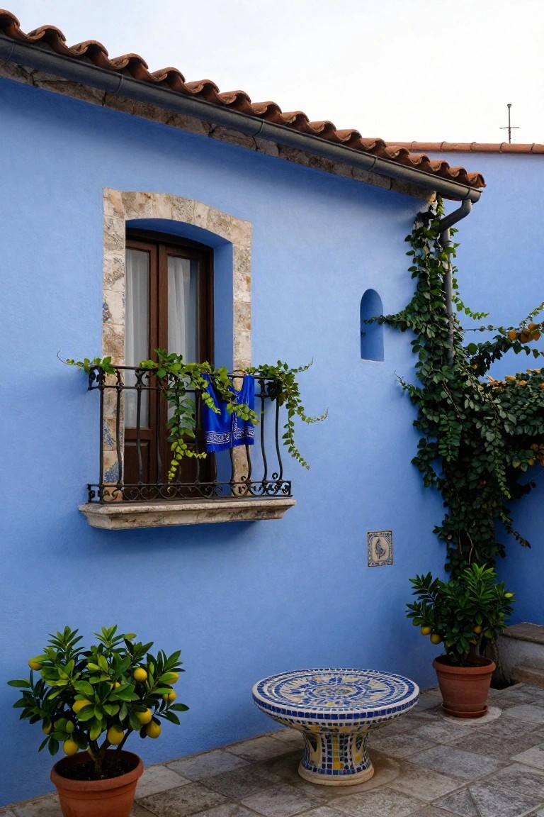 Blue stucco wall of a house with stone-framed double window, black wrought-iron balcony holding trailing green plants and blue fabric, climbing ivy along the wall and gutter, two potted lemon trees, and round mosaic tile table on stone tile patio.