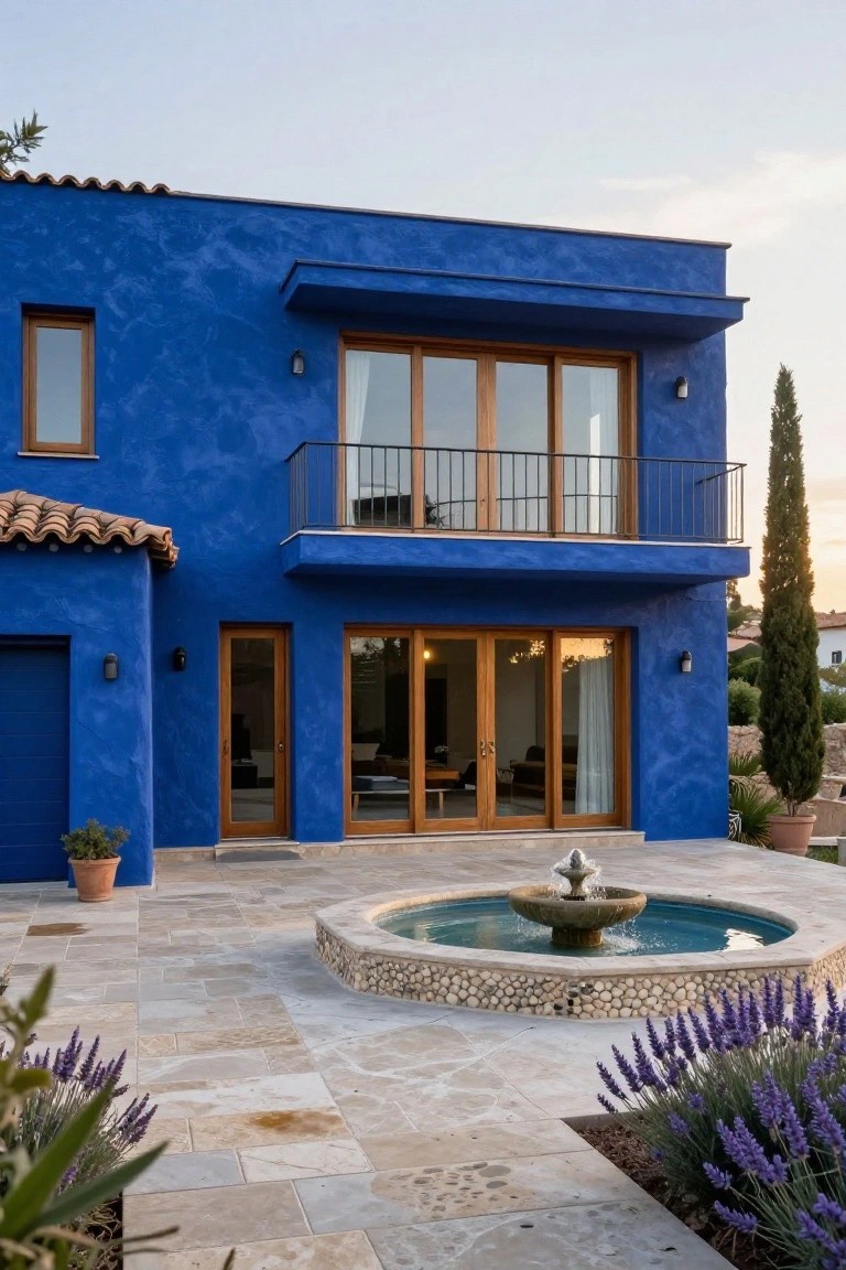 Deep blue stucco house exterior with terracotta roof, black metal balcony railing, wooden doors opening to stone patio with fountain, lavender plants, and cypress trees at dusk.