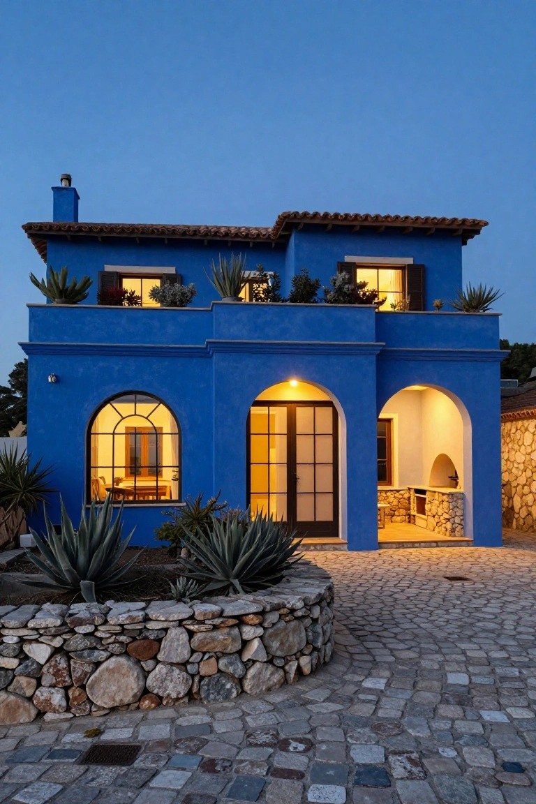 A two-story cobalt blue stucco house with terracotta tile roof, arched windows and entries, balcony planters, agave plants in a stone-edged bed, outdoor kitchen area, and lit cobblestone driveway at dusk.