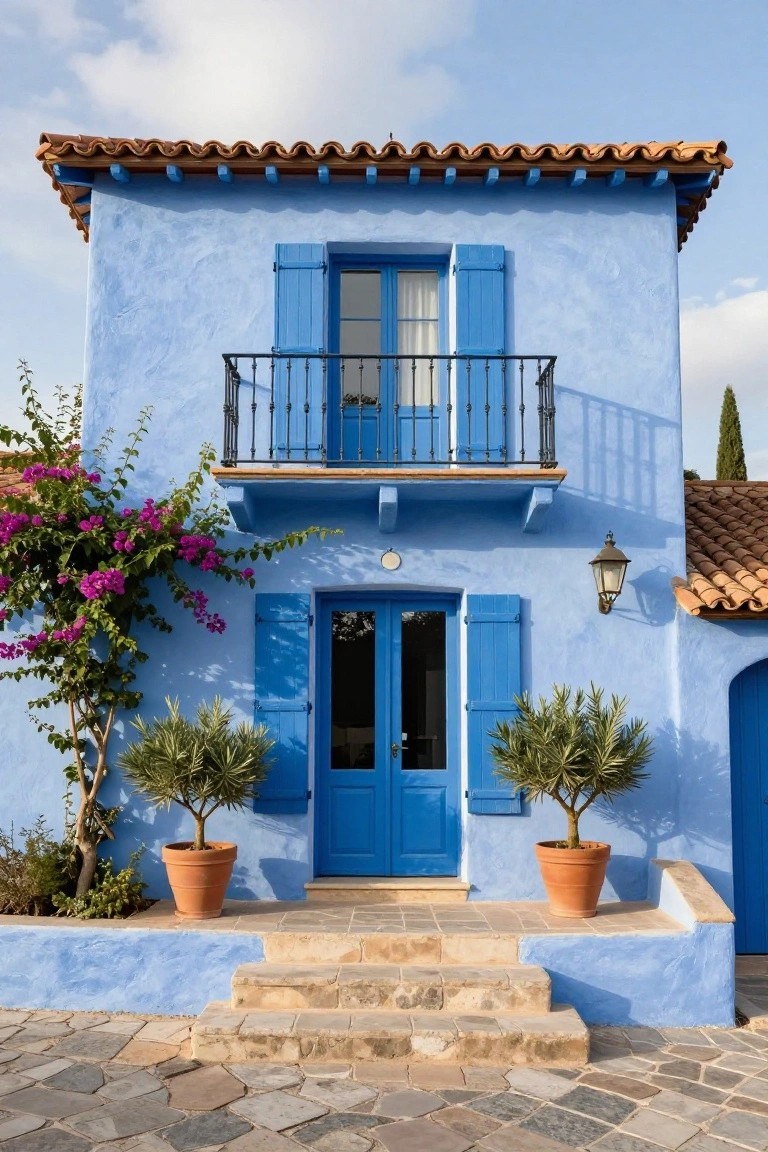 A two-story blue stucco house exterior with terracotta tile roof, blue shutters on windows and doors, wrought-iron balcony, purple bougainvillea vine on the left, potted olive trees flanking the blue front door, stone steps, and pebble stone courtyard.
