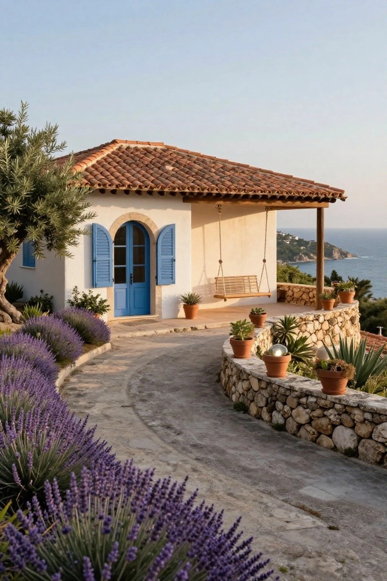 White stucco house with terracotta tile roof, arched blue front door flanked by blue shutters, lavender plants along a curved stone pathway, potted plants on a porch with hanging swing, and ocean view in background.