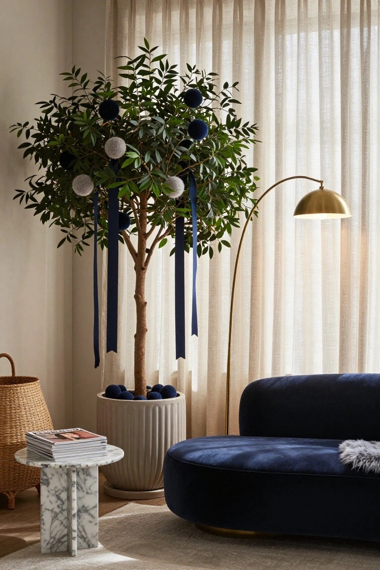 Blue Pom-Poms on a Potted Tree