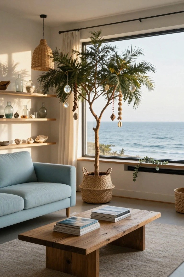 Living room with tall potted palm tree decorated as Christmas tree using shell and bead ornaments, blue sofa, wooden coffee table with stacked books, floating wooden shelves holding glass bottles and shells, large window showing ocean view.