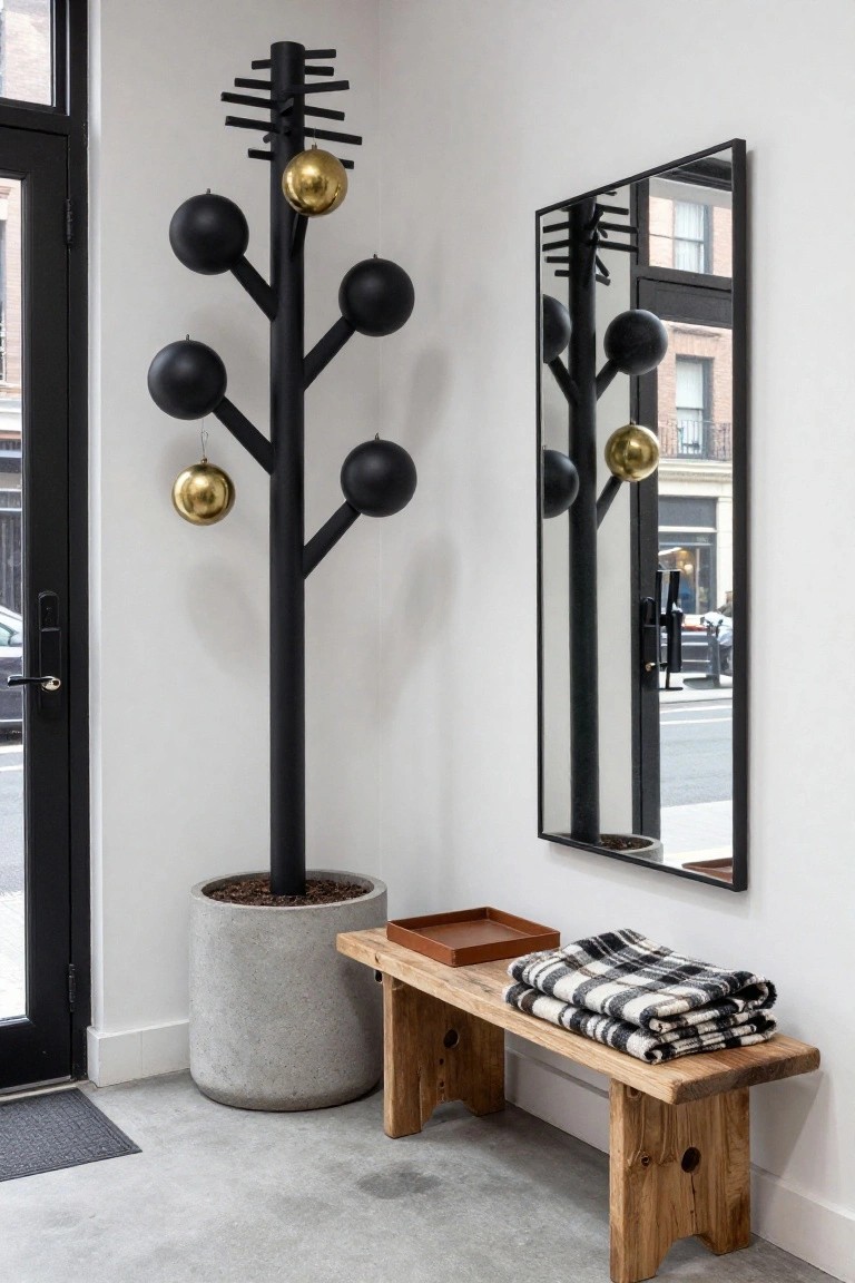 Entryway interior with tall black metal tree-shaped coat rack holding black and gold spherical ornaments, wooden bench with folded black-and-white plaid blankets and wooden tray, slim black-framed mirror, and concrete planter.