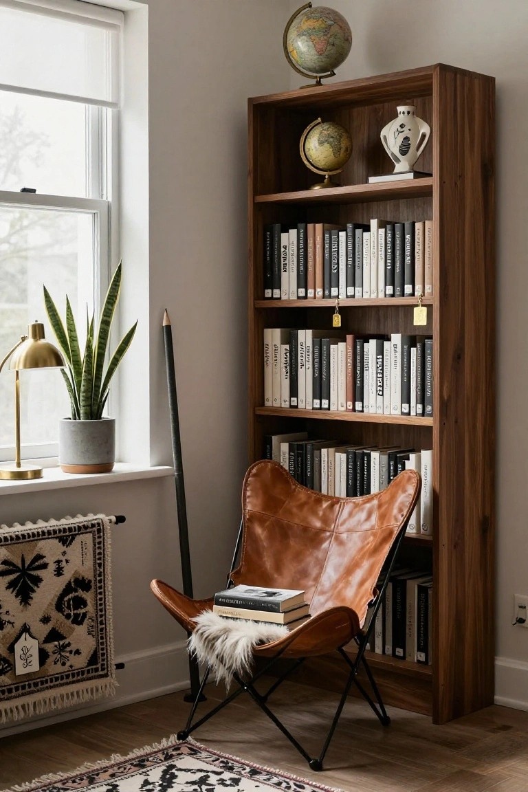 Tall wooden bookshelf filled with assorted books, decorative globe, and vase in a light room corner; brown leather egg chair with white fur throw and stacked books in front; snake plant in gray pot on windowsill beside gold desk lamp; patterned rugs on wood floor.