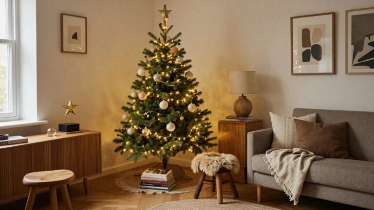 Small flocked Christmas tree with string lights and neutral ornaments in corner of living room beside wooden credenza with vases, near gray sofa and sheepskin stool.
