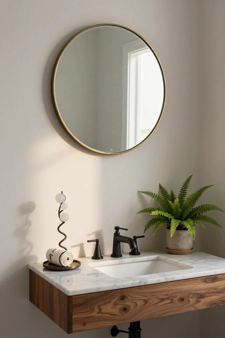 Modern bathroom with floating walnut wood vanity, white marble countertop and undermount sink, matte black faucet, round brass mirror on beige wall, potted fern, sculptural brass lamp with glass shades, and rolled towel on brass stand.