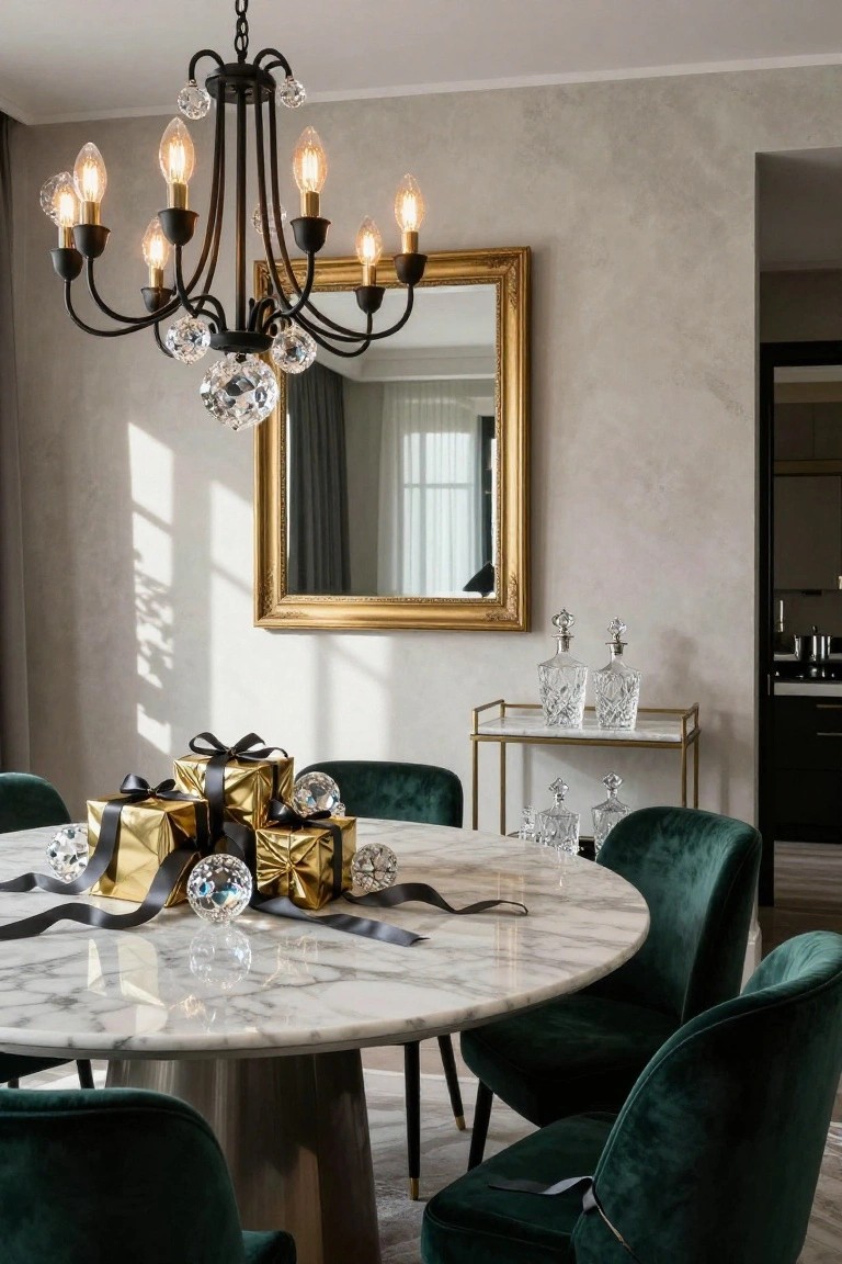 Round white marble dining table in a beige-walled room centered with metallic gold gift boxes wrapped in black ribbons and clear crystal ornaments, surrounded by emerald green velvet chairs, under a black chandelier with candle-style bulbs, beside a gold-framed mirror and glass decanters on a shelf.