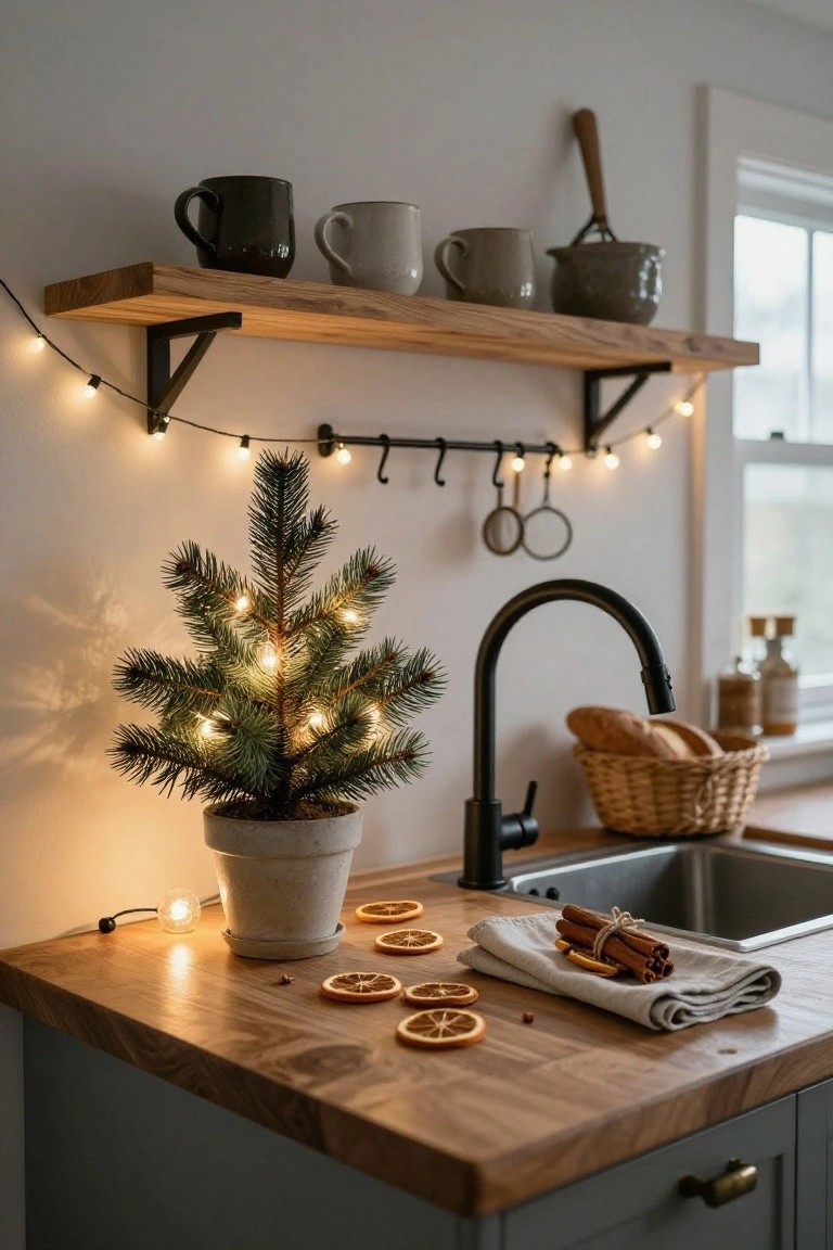 A small lit artificial Christmas tree in a terracotta pot on a wooden kitchen counter next to dried orange slices, cinnamon sticks, a dish towel, black faucet, and shelves with mugs and kitchen tools under string lights.