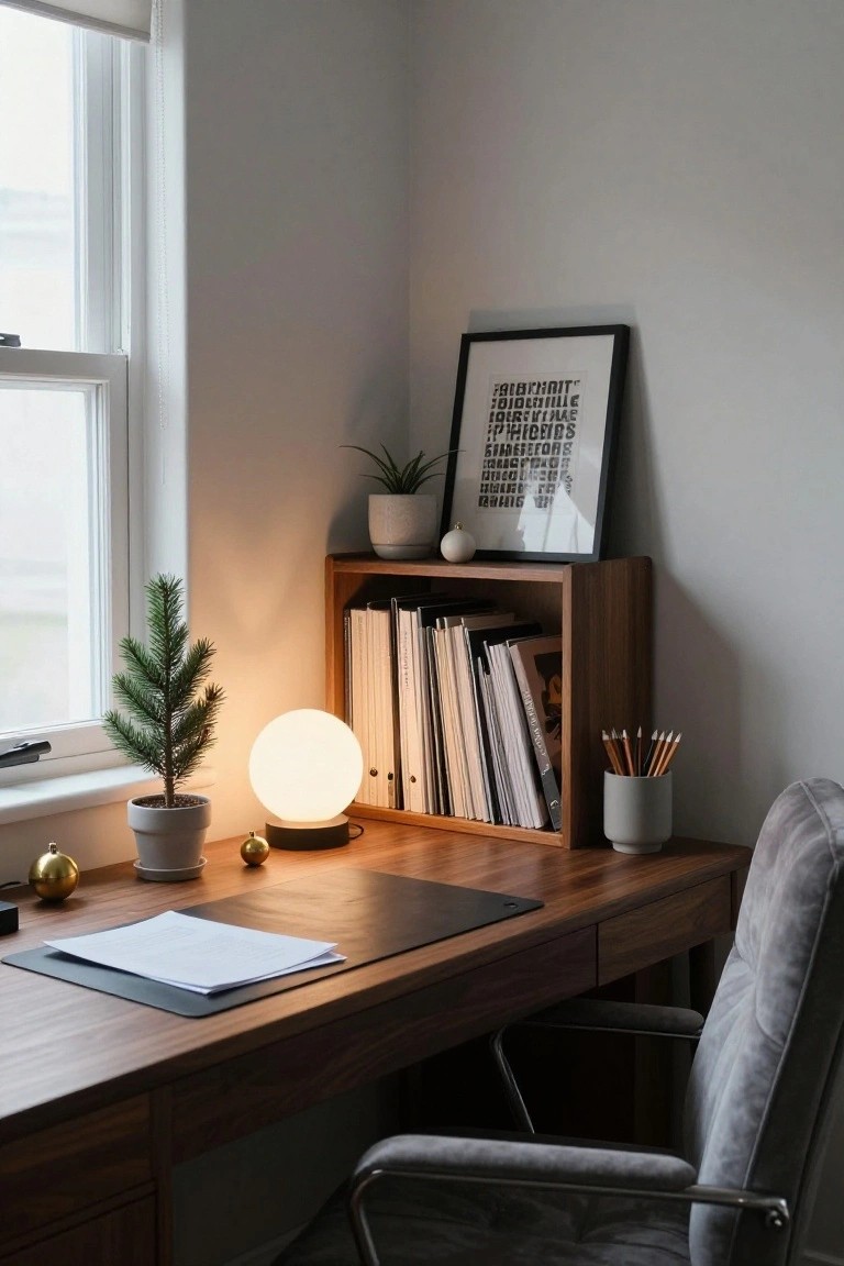 Corner of a modern home office with wooden desk, small potted Christmas tree and gold baubles, globe lamp, bookshelf with books and pencils, potted plants, framed art, and gray chair by a window with blinds.
