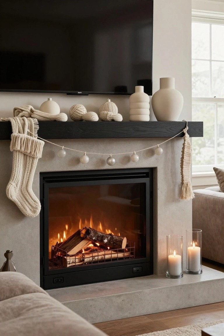 Modern living room with black TV above a dark wood mantel decorated for Christmas using creamy knit stockings, white ceramic vases and ornaments, pearl garland, beside a lit electric fireplace and beige candles on a concrete hearth.