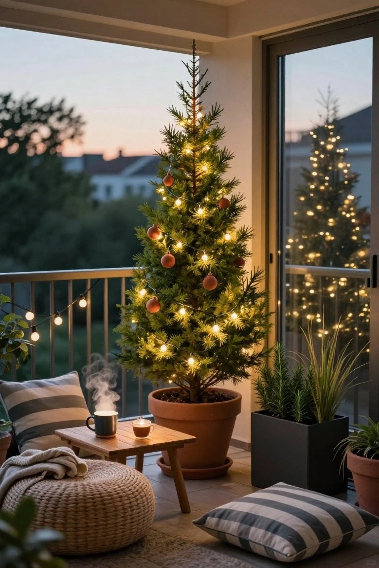 Small potted Christmas tree with white lights and orange ornaments on a balcony next to wooden table, chairs, poufs, potted plants, and string lights at dusk with city view through glass door.