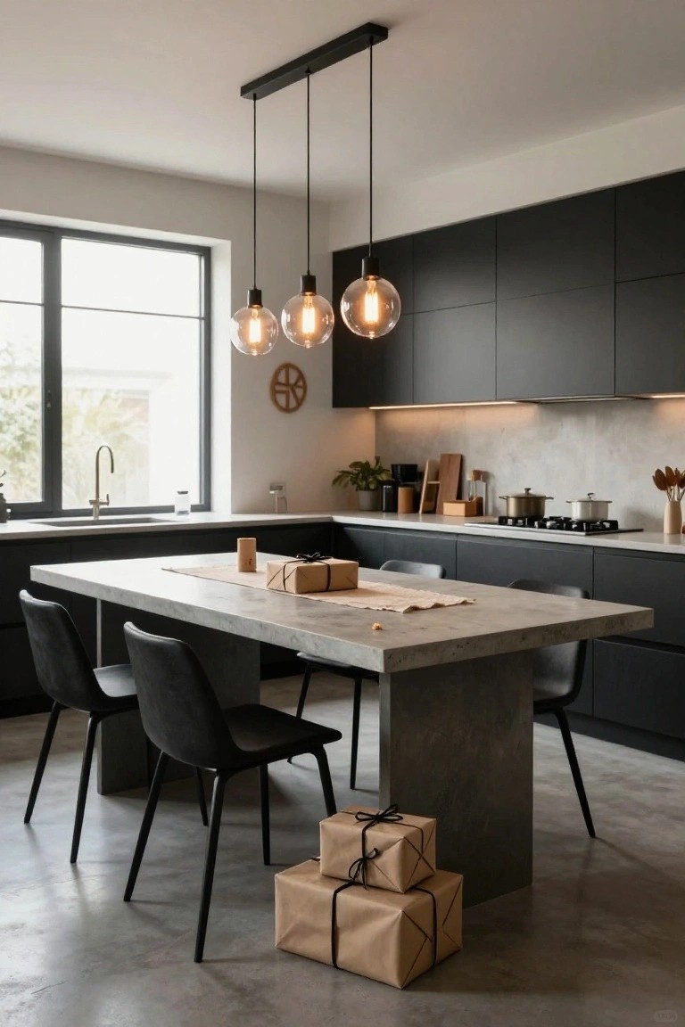 Modern kitchen interior with black cabinets, concrete dining table holding stacked kraft paper wrapped gifts with string, pendant lights overhead, sink area, and window.