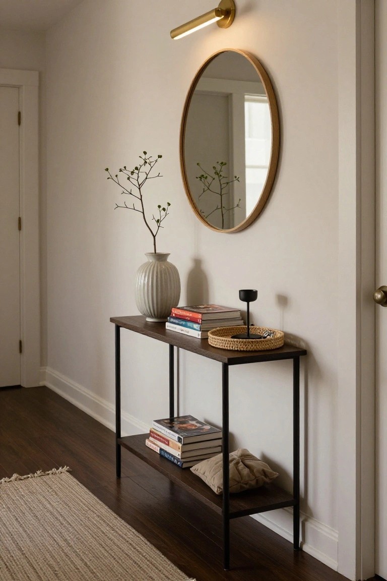 Narrow black metal console table against a white hallway wall next to a door, topped with white textured vase of branches, stacked books, black candle holder on woven tray, and beige pillow on lower shelf, beside round wood-framed mirror and wall sconce.
