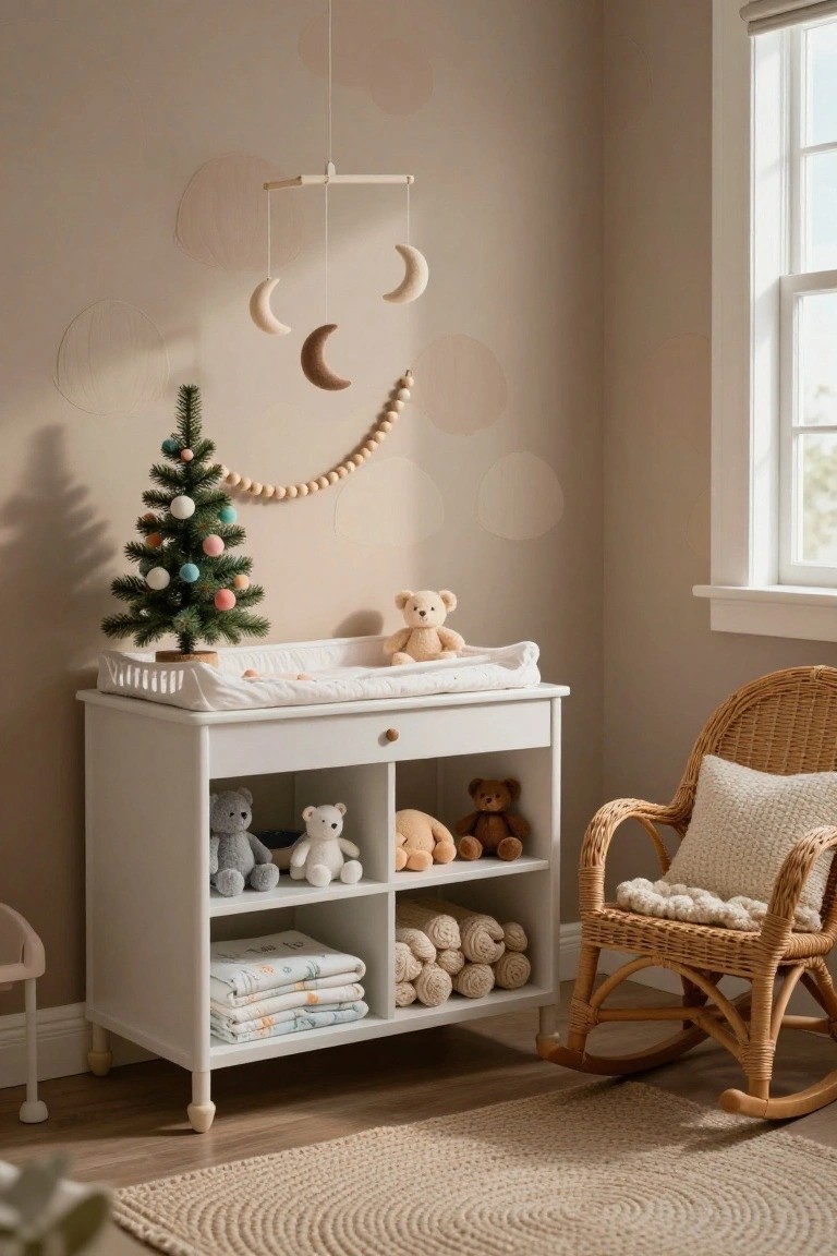 Beige nursery room with white changing table, small decorated Christmas tree nearby, stuffed animals on open shelves, rattan rocking chair with cream pillow, moon mobile overhead, and wooden beads garland on wall.
