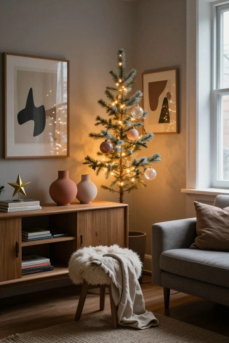 Small flocked Christmas tree with string lights and neutral ornaments in corner of living room beside wooden credenza with vases, near gray sofa and sheepskin stool.