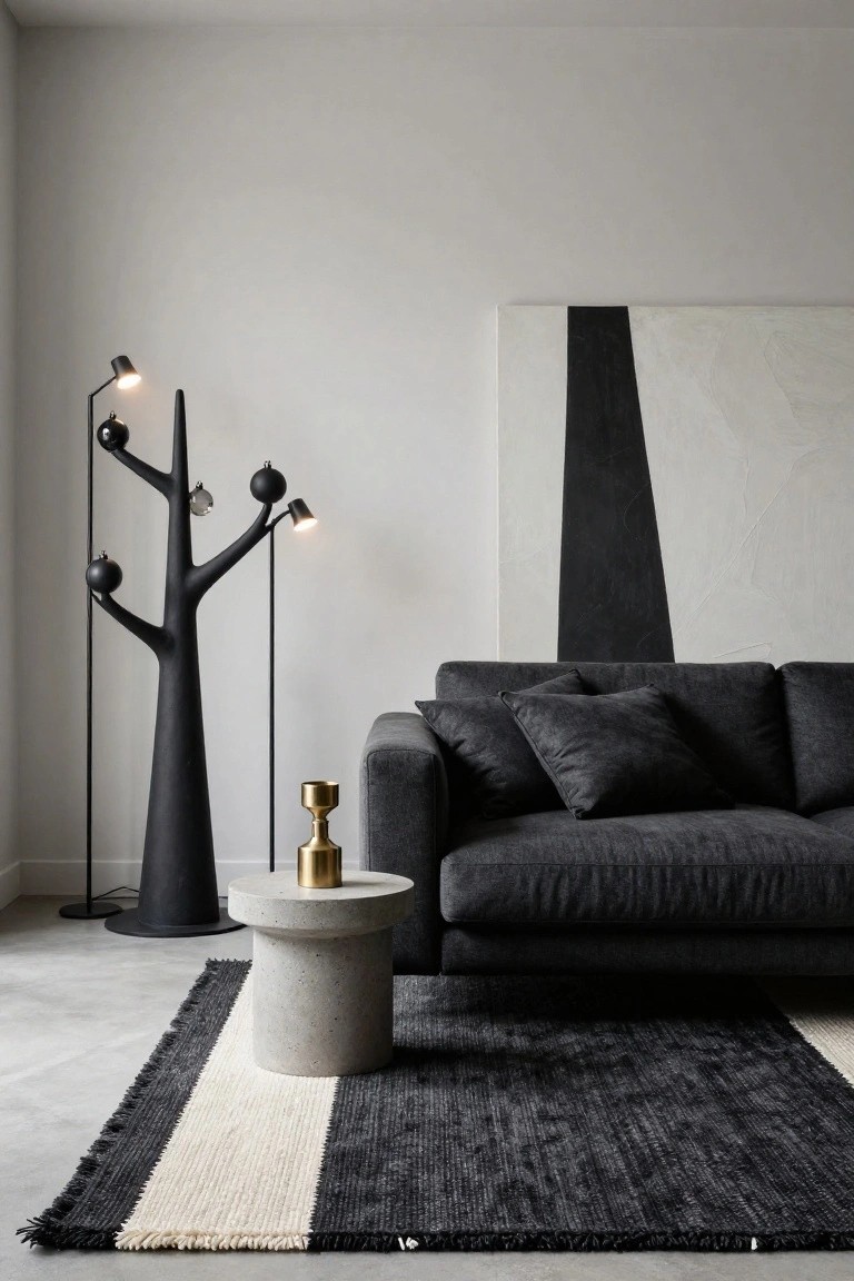 Modern living room interior with tall black tree-shaped floor lamp featuring multiple orb lights and adjustable shades next to dark gray sofa, concrete side table with brass candlestick, and black-and-white striped rug against white wall with abstract black stripe painting.