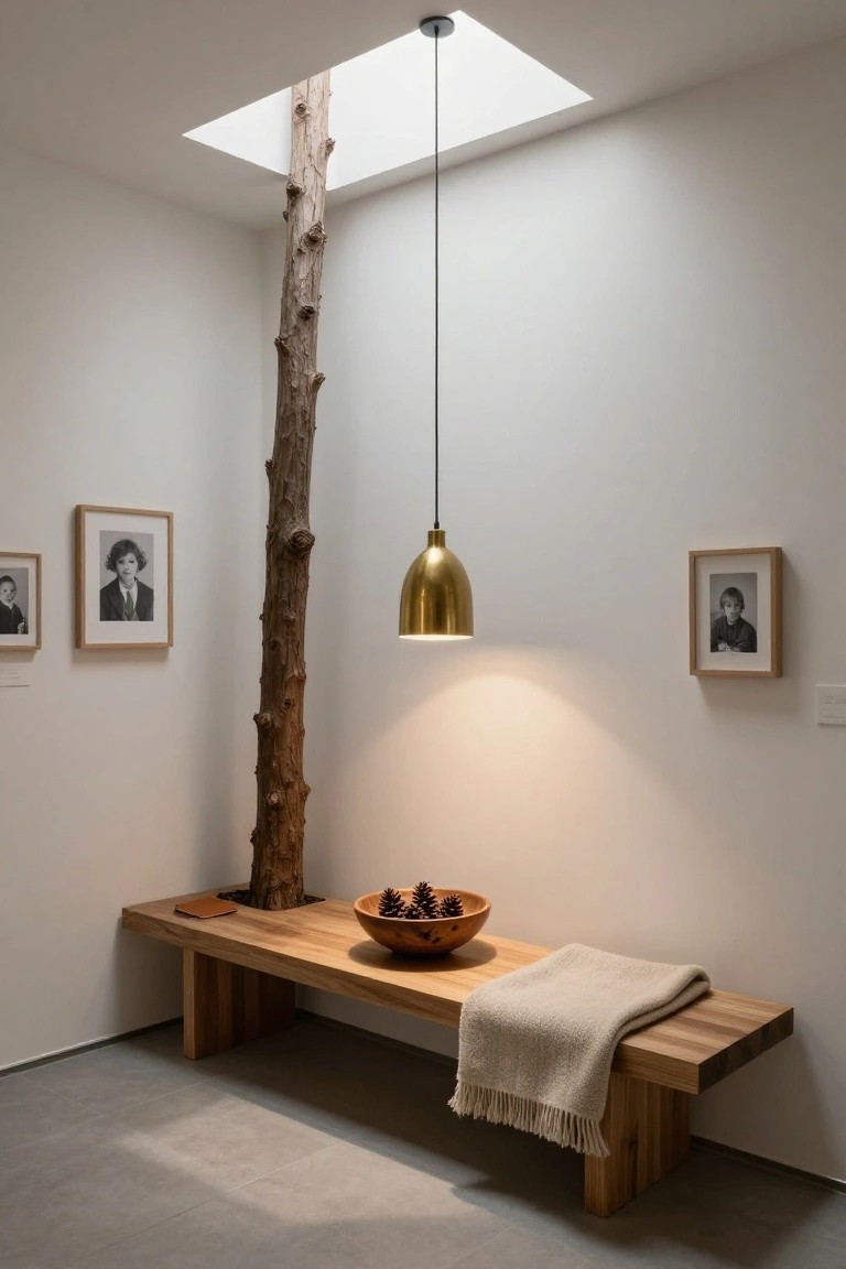 Tall vertical tree trunk pillar in a white-walled interior corner under a skylight, with a wooden bench holding a pinecone-filled bowl and beige throw, brass hanging lamp, and framed black-and-white photos on walls.