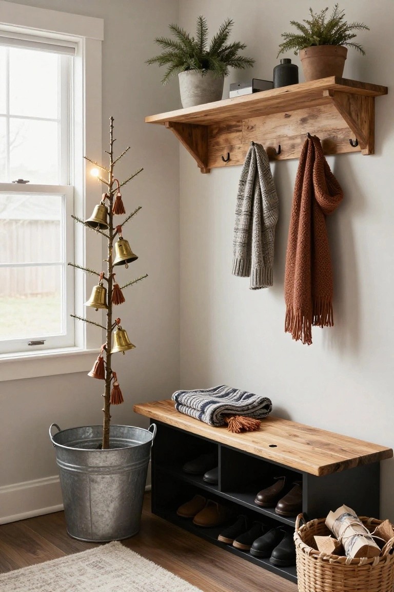 Entryway corner with a tall bare twig tree decorated with hanging brass bells in a galvanized bucket, wooden bench with shoe cubbies, hanging scarves on wall hooks, and potted plants on shelves.