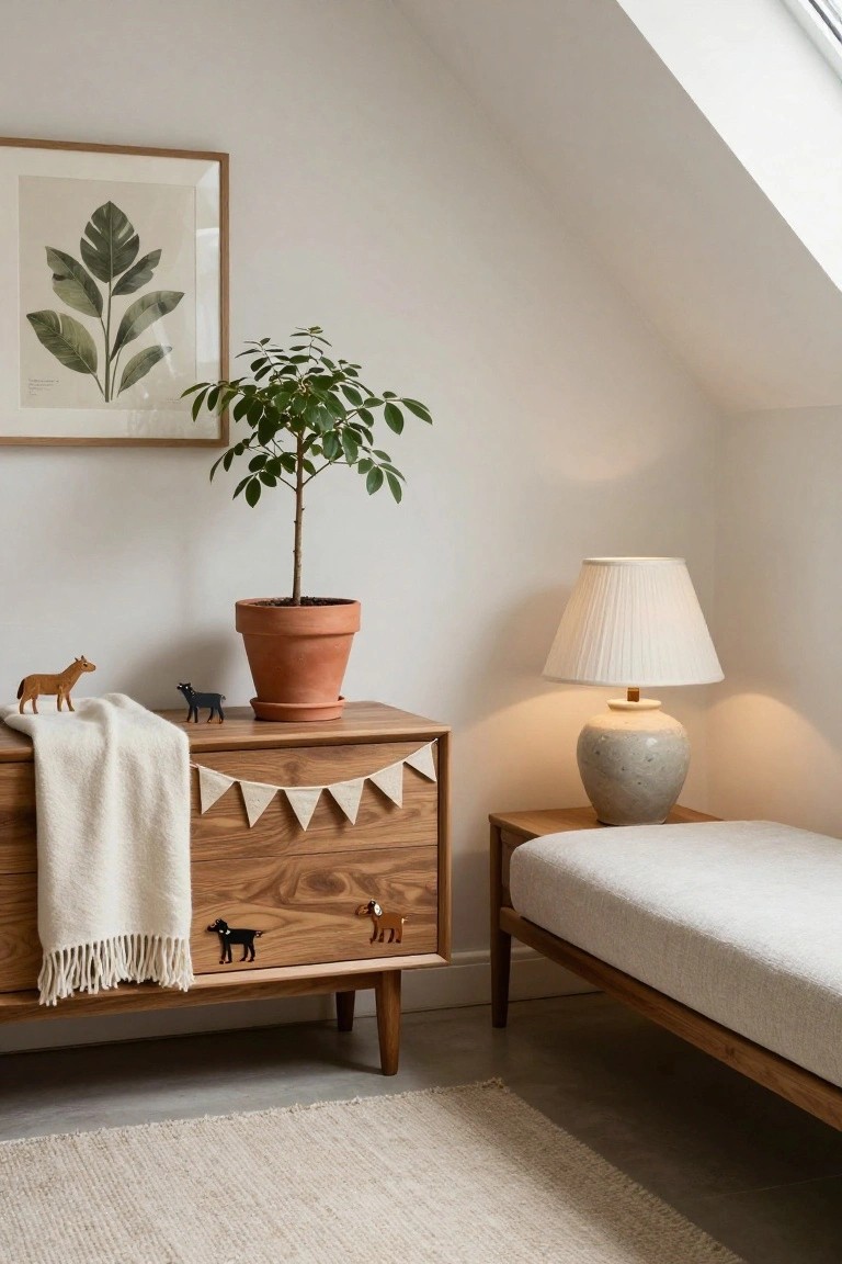 Attic-style nursery room featuring a wooden mid-century dresser with white blanket, wooden triangle bunting garland, small wooden deer and dog figures, potted plant in terracotta pot, ceramic lamp on side table, low wooden bed, and light rug on floor.
