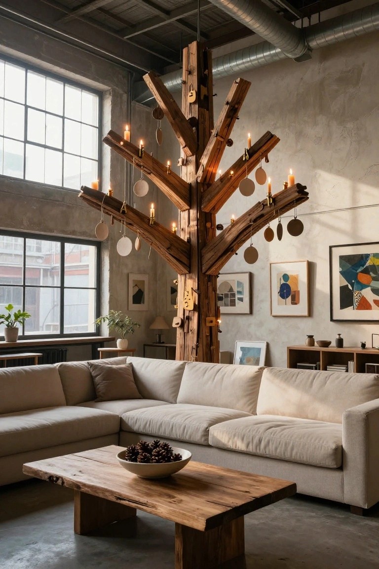 Industrial loft living room featuring a large overhead wooden branch chandelier decorated as a Christmas tree with candles and hanging ornaments, a beige L-shaped sofa, wooden coffee table with pinecones, plants, and abstract artwork on beige walls.