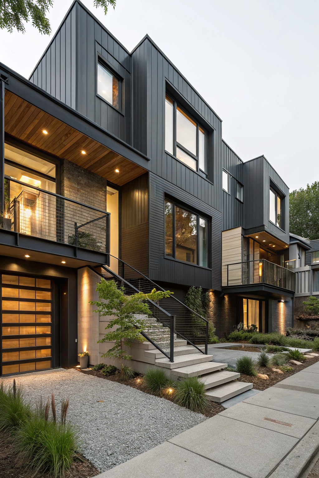 Multi-level modern house exterior with dark gray vertical metal siding on angled walls, wooden overhangs and balcony railings, brick sections, large windows, slatted wooden garage door, concrete entry steps with plants, gravel path, and low shrubs.