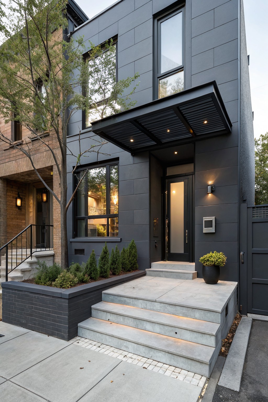 A modern two-story dark gray paneled house with a black slatted cantilevered awning over a frosted glass front door, illuminated concrete steps, brick planter beds with shrubs, potted plant, and adjacent brick rowhouse under a tree.