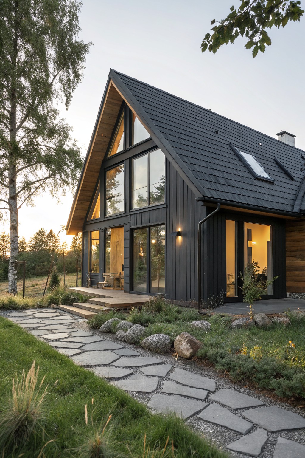 Side view of a two-story modern house with dark gray vertical siding, steep gabled black roof, large glass windows and doors, yellow-toned wood accents, wooden deck with chairs, stone pathway, and surrounding grass and trees at dusk.