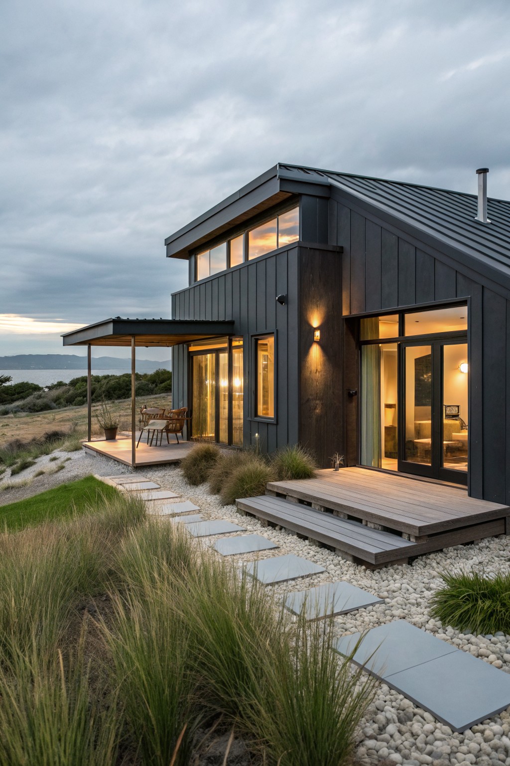 Modern dark gray clad house with sloped metal roof, large glass windows and doors, covered wooden deck, stepping stone path through grasses and pebbles, overlooking bay under cloudy sky at dusk.