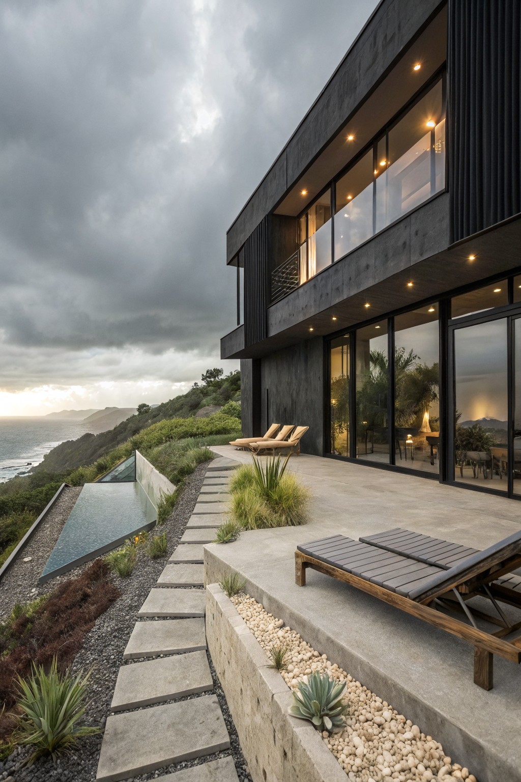 Modern dark gray house exterior perched on a green hillside overlooking the ocean, featuring vertical slatted cladding, large glass walls and doors, an infinity-edge pool, concrete deck with loungers, and landscaped edges with agave plants.