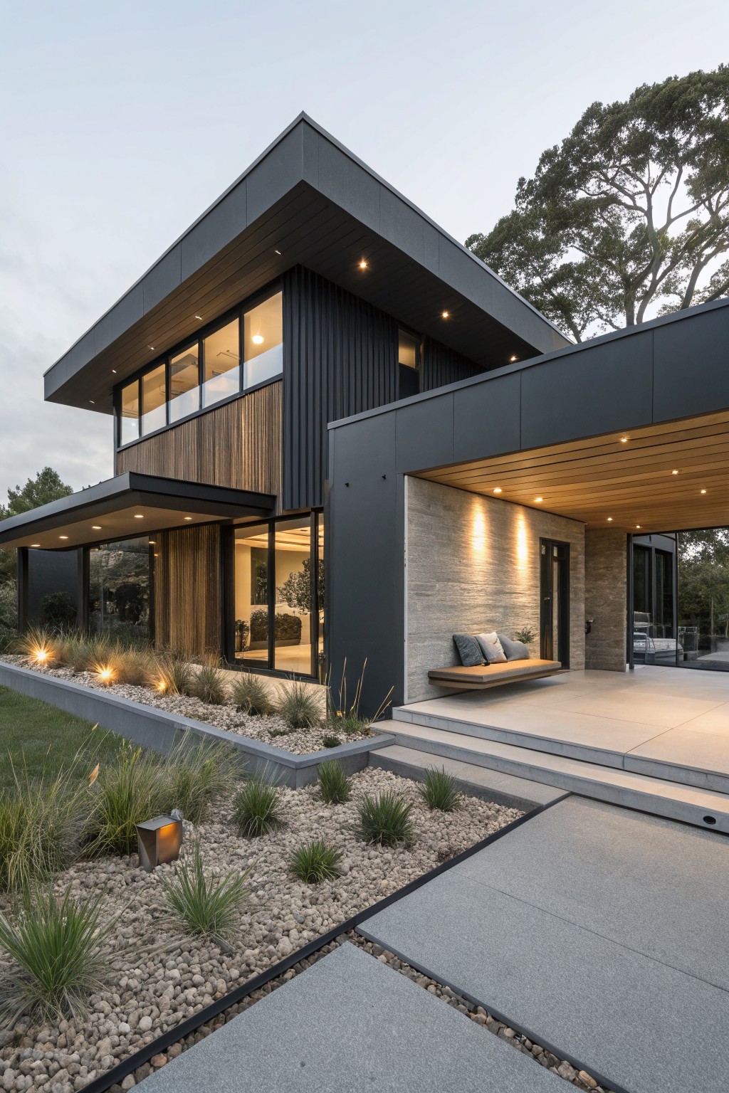 Two-story modern house exterior featuring dark gray metal cladding, vertical wood siding, stone entry wall with built-in bench, glass doors, landscaped gravel beds with grasses, and overhead lighting at dusk.